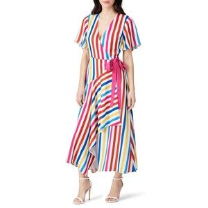 Color Me Courtney Taira Wrap Dress Rainbow Stripe Size XS V-Neck Flutter Sleeve